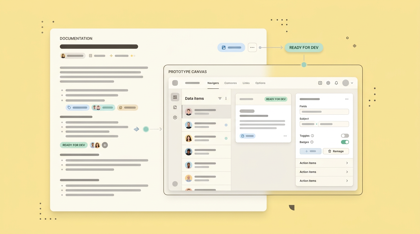An annotated screenshot showing a product requirements document adjacent to an interactive visual prototype