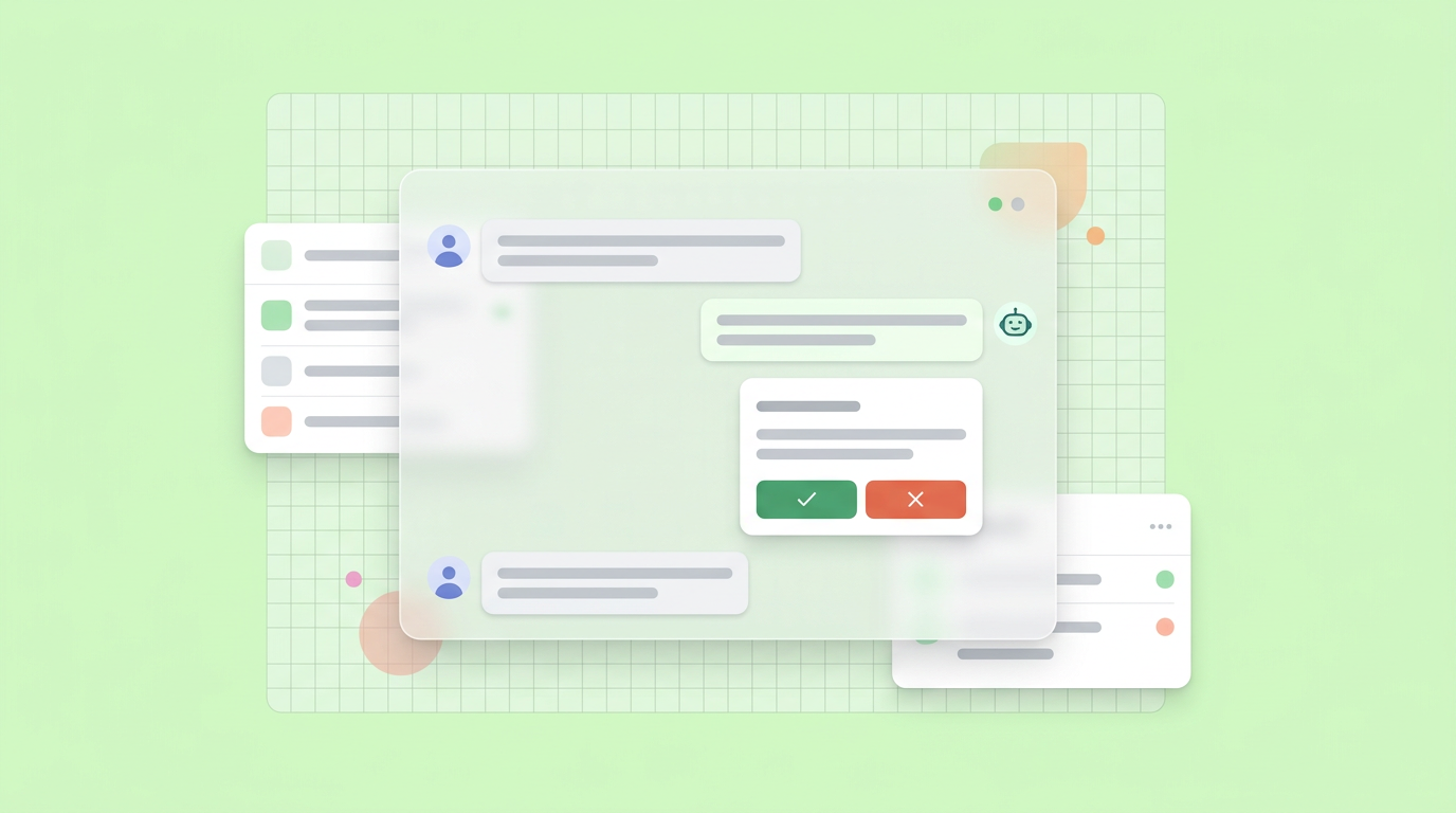 A soft UI mockup showing a copilot chat interface mapping human-in-the-loop validation steps.