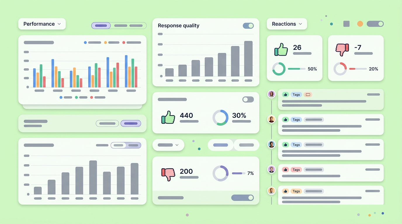 A soft UI mockup displaying a dashboard for tracking AI response quality and user feedback.