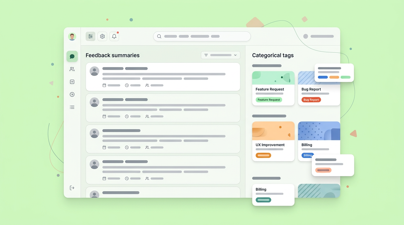 UI mockup showing structured summarization of support tickets and user feedback.