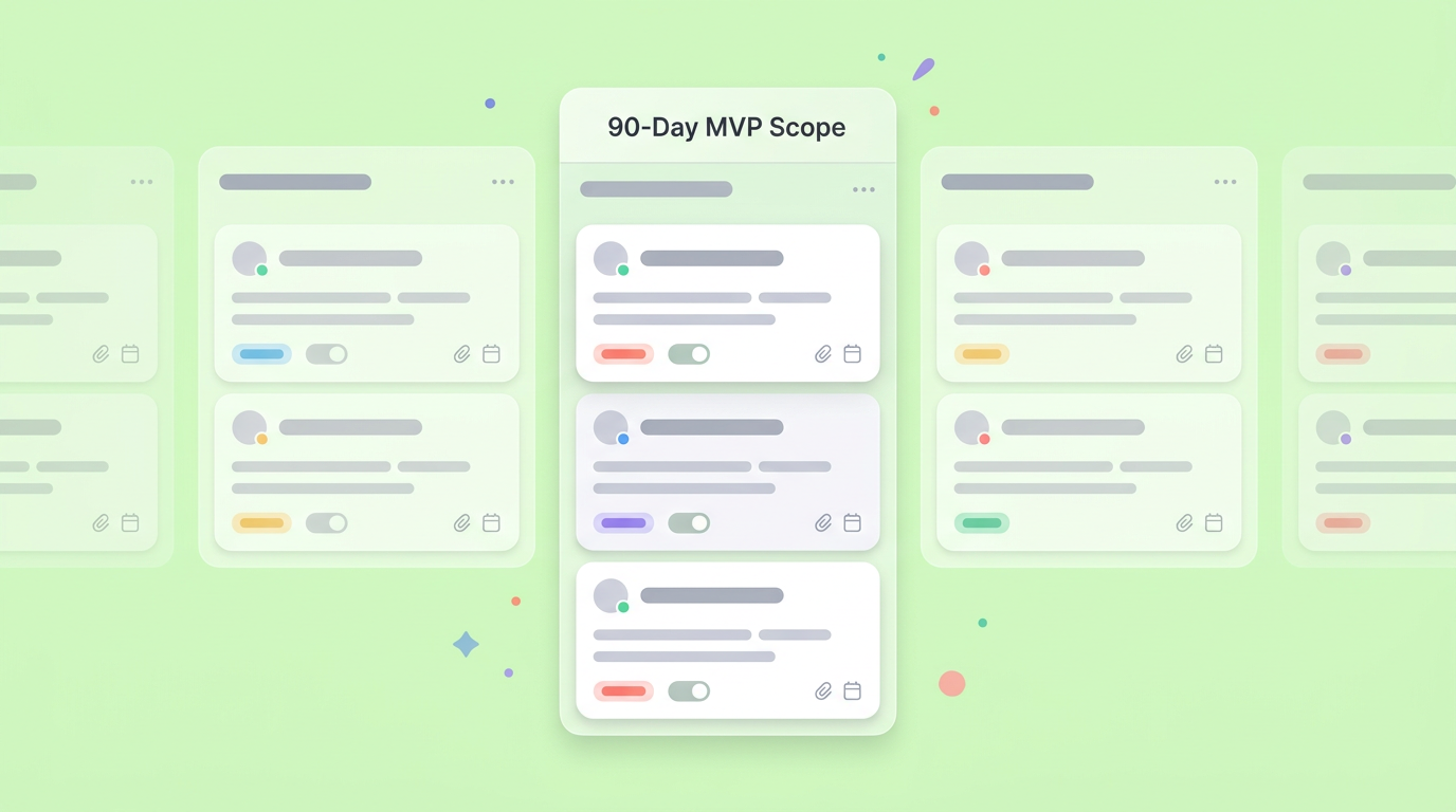 A Kanban board UI mockup showing a 90-Day MVP Scope column with placeholder task cards.