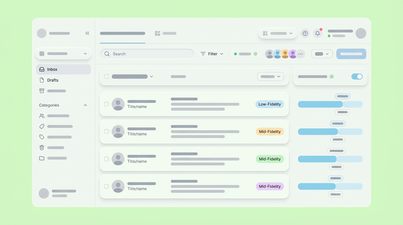 A feedback inbox UI mockup showing user testing responses categorized by fidelity tags.