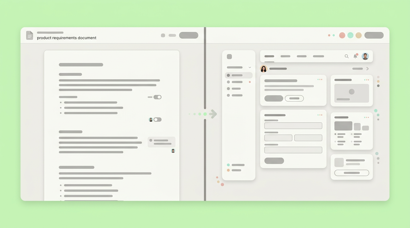 Split-screen workspace showing a written product requirement document beside a generated interactive wireframe