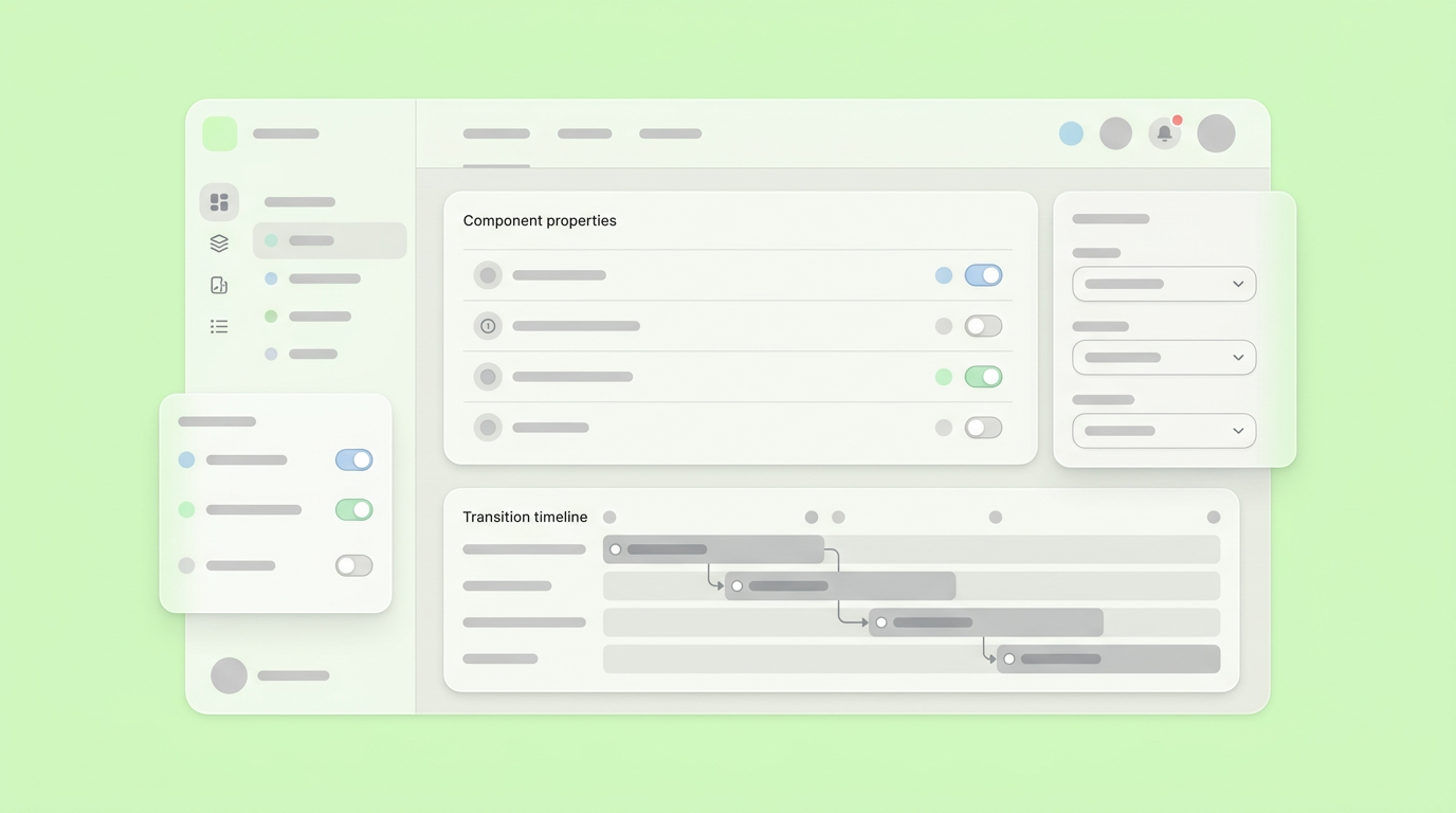 Design handoff interface with a component properties panel and functional transition timeline