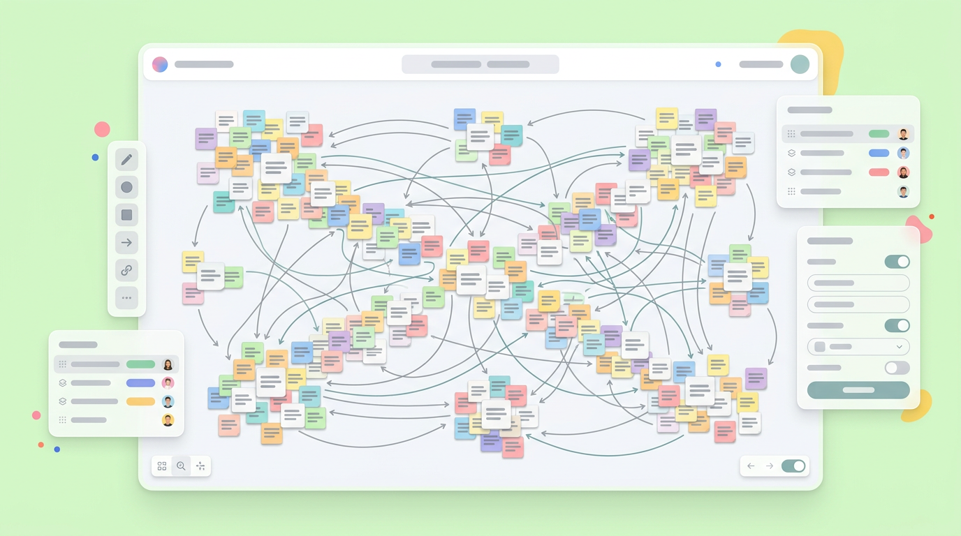 A chaotic visual canvas covered in placeholder sticky notes and intersecting arrow lines