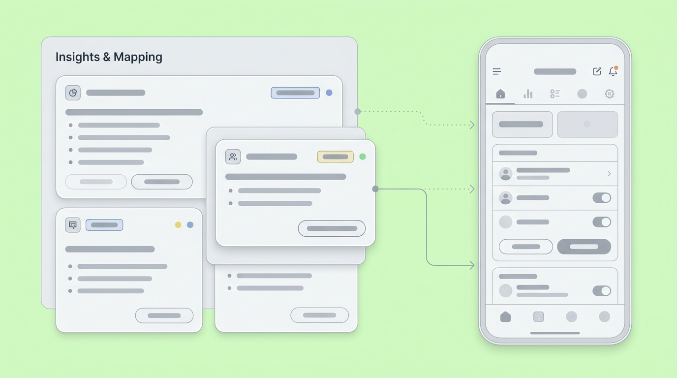 A split-screen interface showing research notes connected directly to an app wireframe