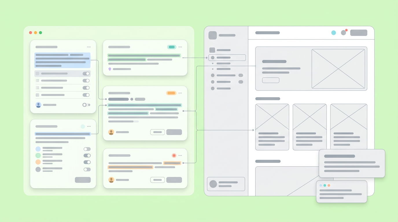 A soft UI mockup showing a split-screen view connecting text-based research insights to a wireframe canvas.