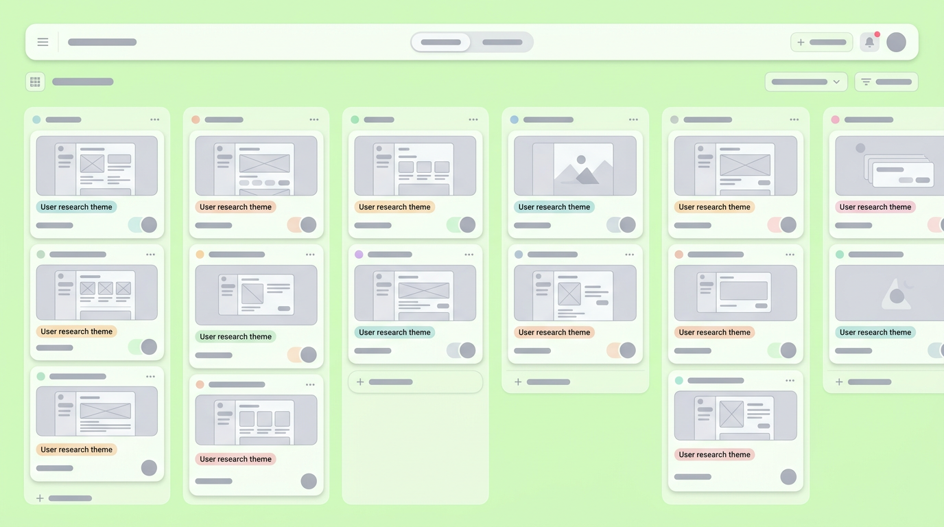 A soft UI mockup of a kanban board with cards showing prototype links and research context tags.