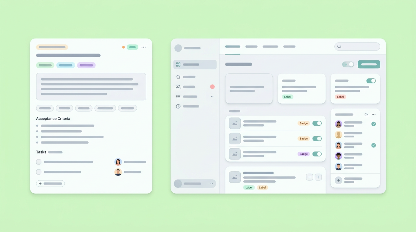 A soft UI mockup showing a user story embedded next to an interactive workflow prototype.