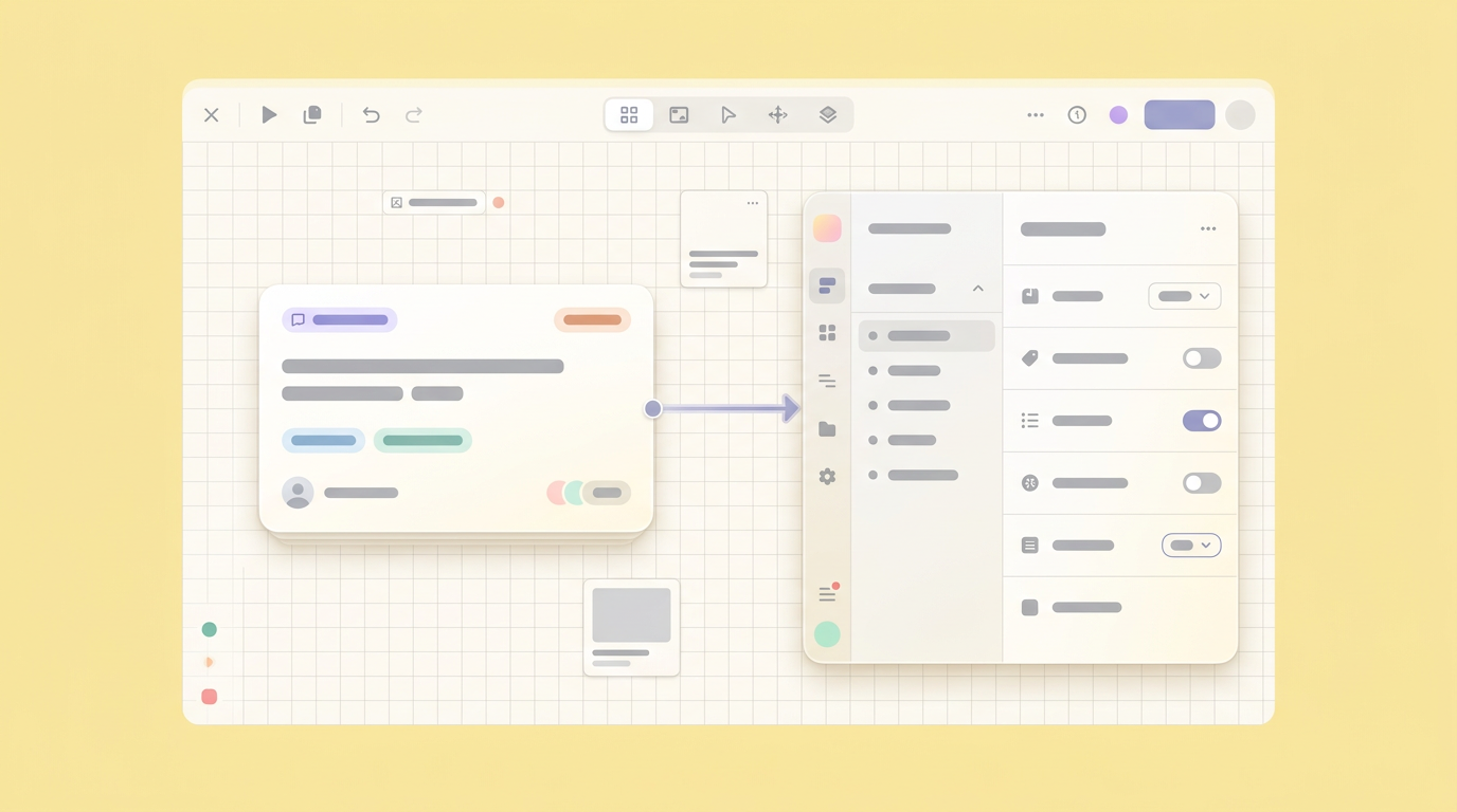 Soft UI mockup of a visual prototyping canvas bridging a requirement ticket to an interactive component