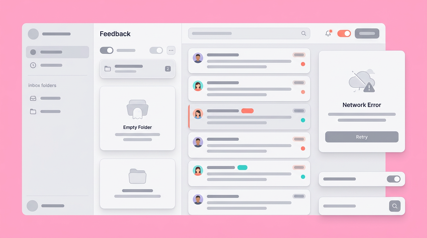 Soft UI feedback inbox showing empty states and error components
