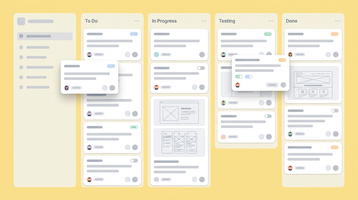 UI mockup showing a dense agile ticket board with static wireframes attached