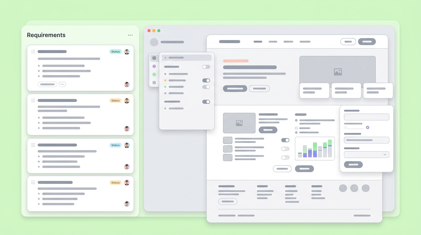 A soft UI mockup displaying a split-screen interface comparing textual requirements with an interactive wireframe