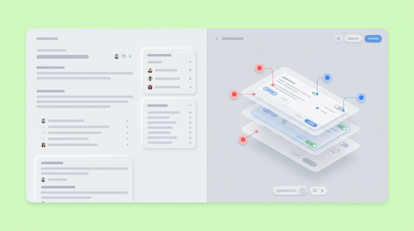 Mockup showing an interface where text requirements sit alongside an interactive component with comment pins