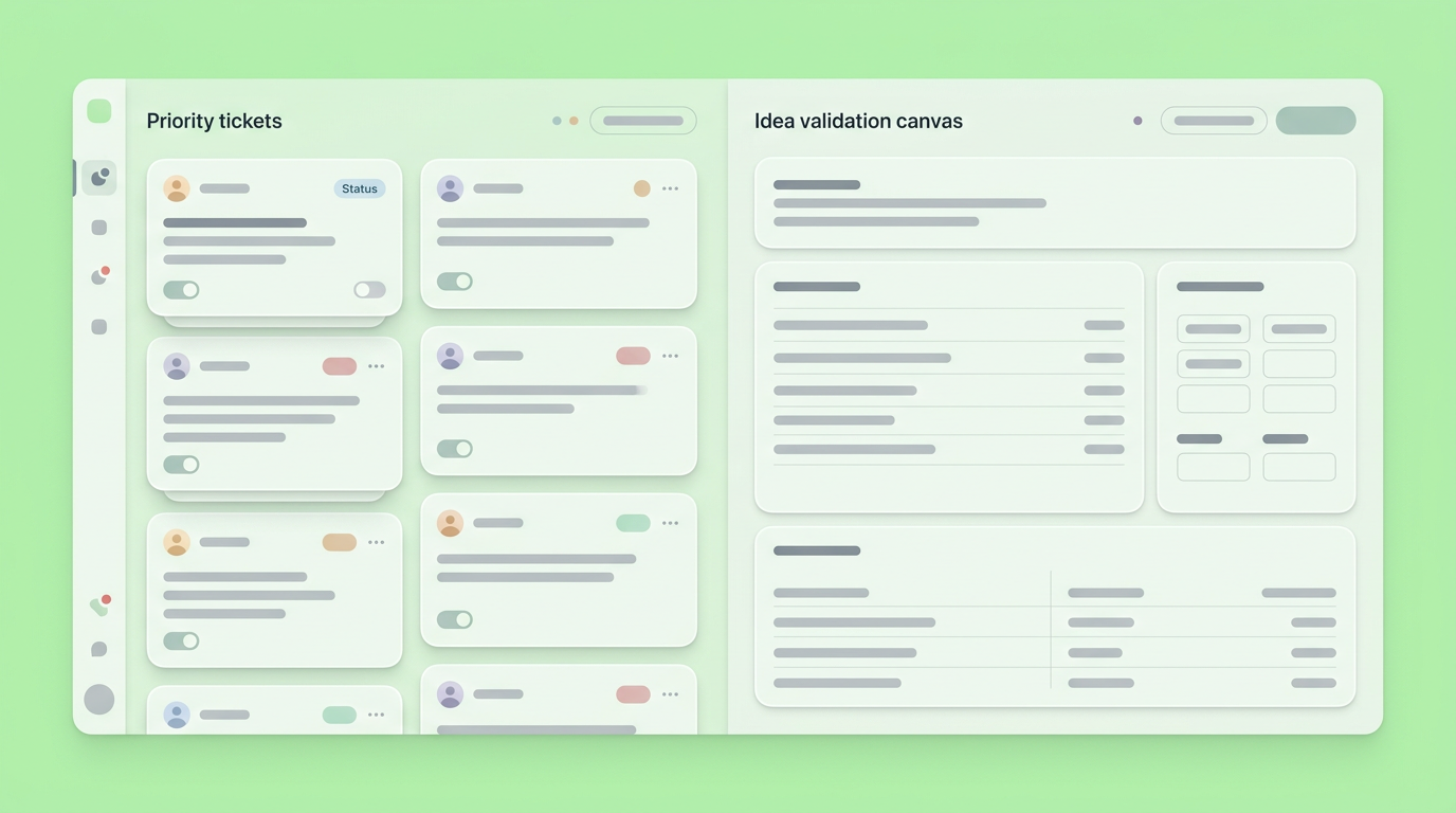 UI mockup showing an ideation platform balancing a ticket backlog with a structured idea validation board.