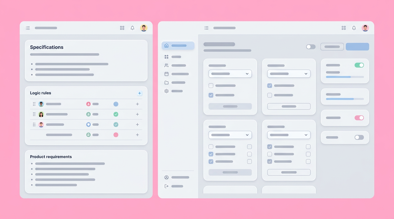 UI text panel configuring logic rules next to functional component placeholders