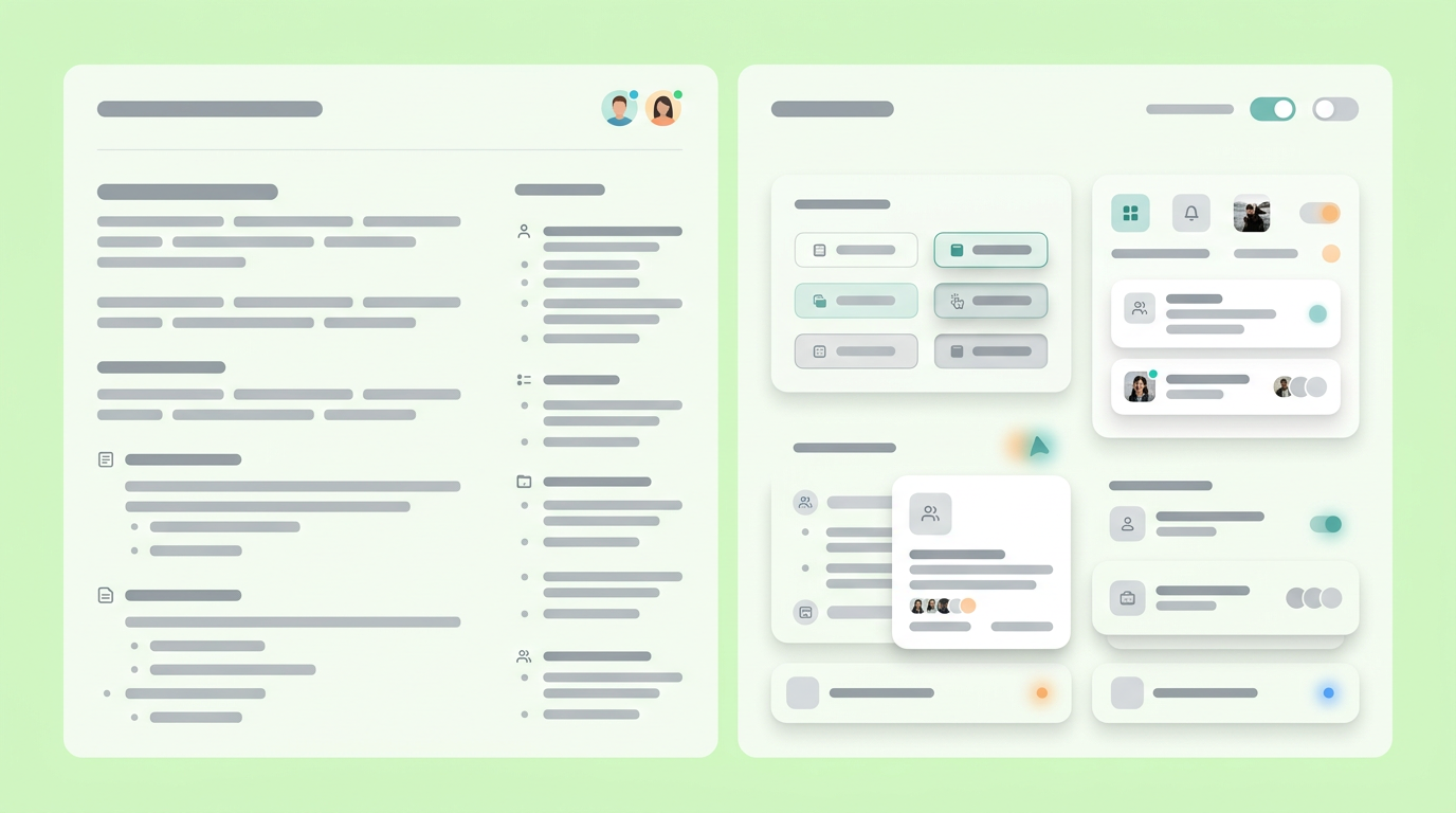 Soft UI mockup displaying a requirements document visually generating a digital product interface.