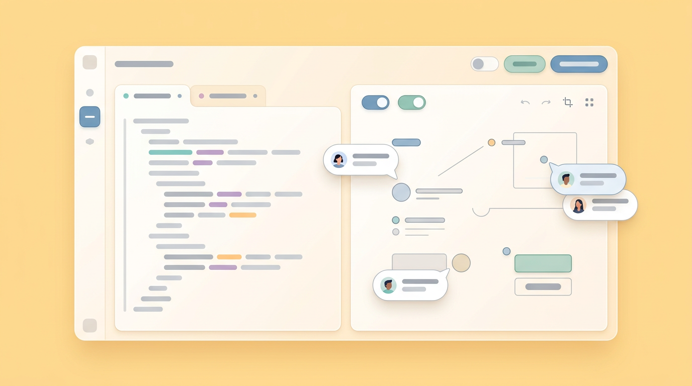 Compare code editor view and a stakeholder review canvas.