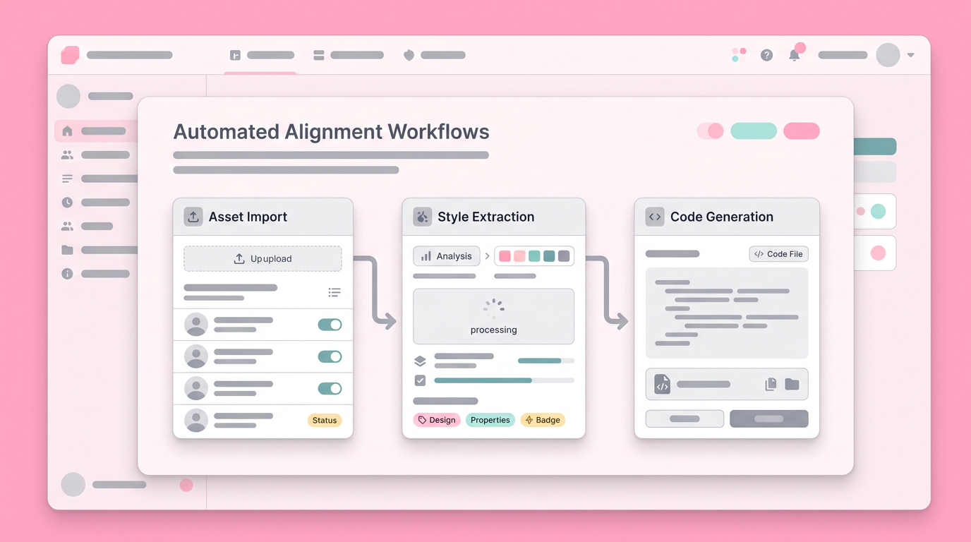 A split-view workspace wireframe showing interactive components mapped to code brackets, clean UI style, modern.