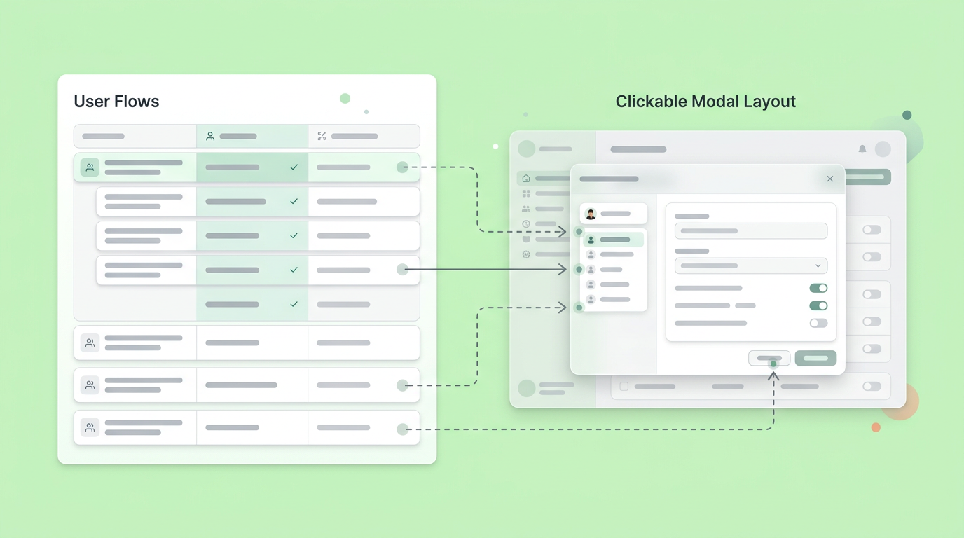 Visual product spec workspace linking requirements to interactive interface blocks.