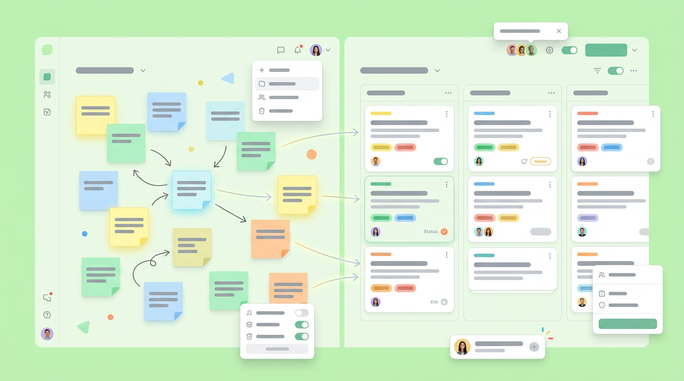A digital workspace showing sticky notes mapped directly to structured task lists.