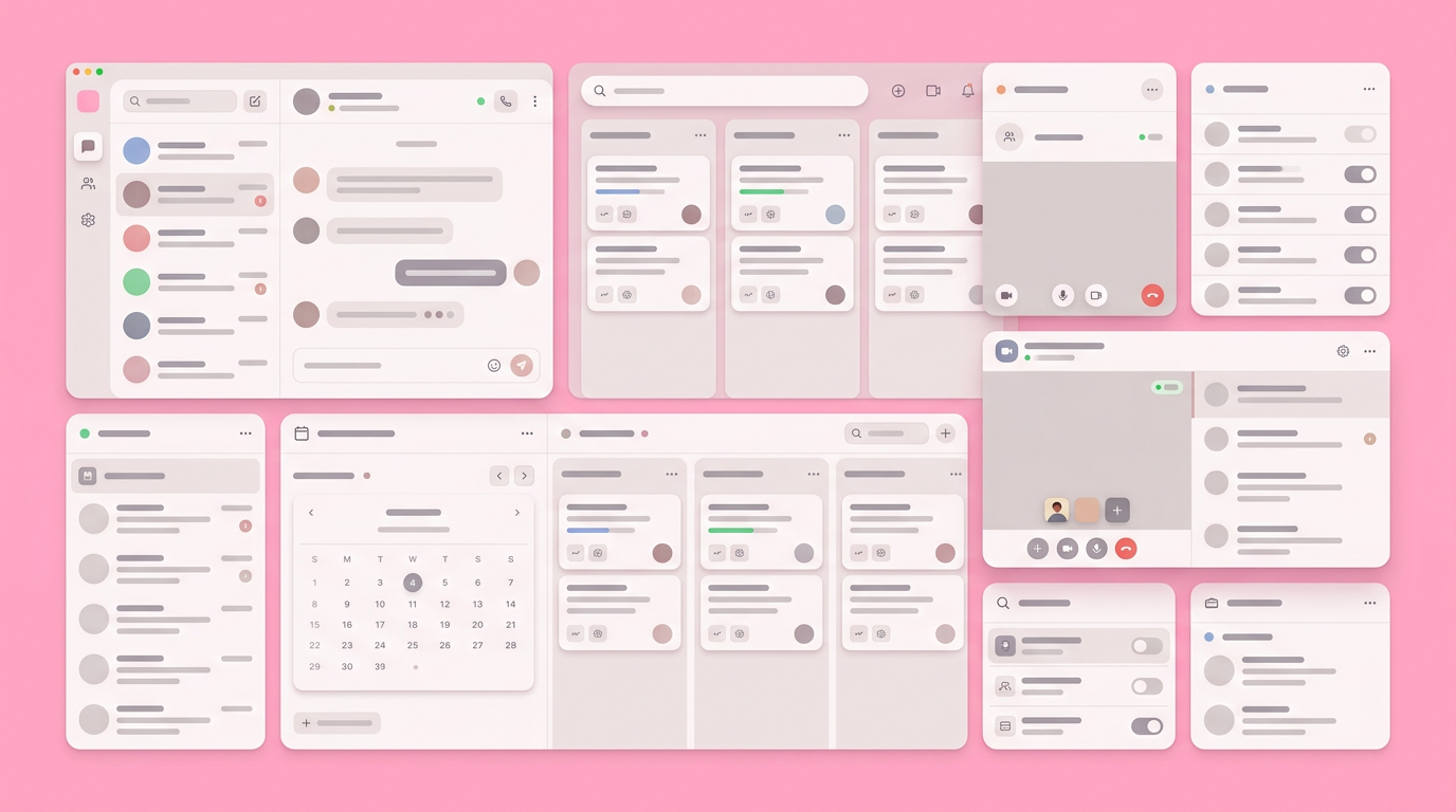 A soft UI mockup showing an integration dashboard overloaded with varying communication and project tracking modules.