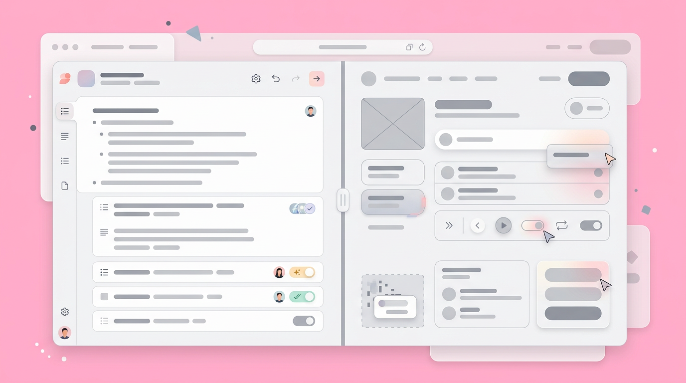A soft UI mockup showing text prompts generating interactive prototyping components side-by-side.