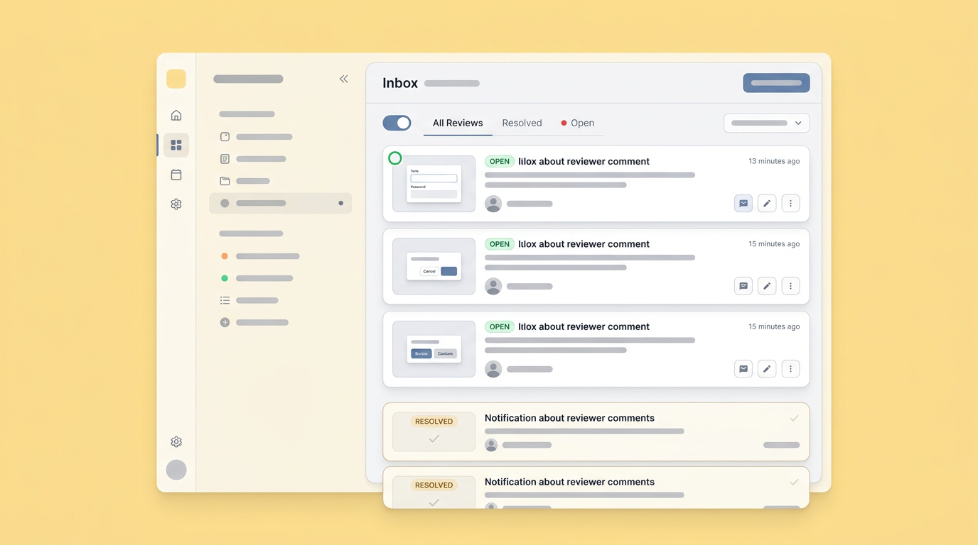 A mock-up of a structured notification inbox organizing prototype feedback.