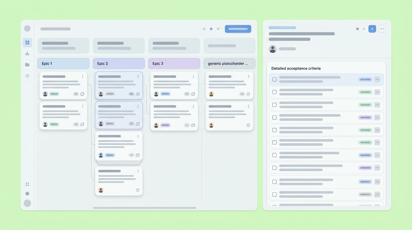 A UI mockup showing a split-screen story mapping tool with user cards and structured acceptance criteria bars.