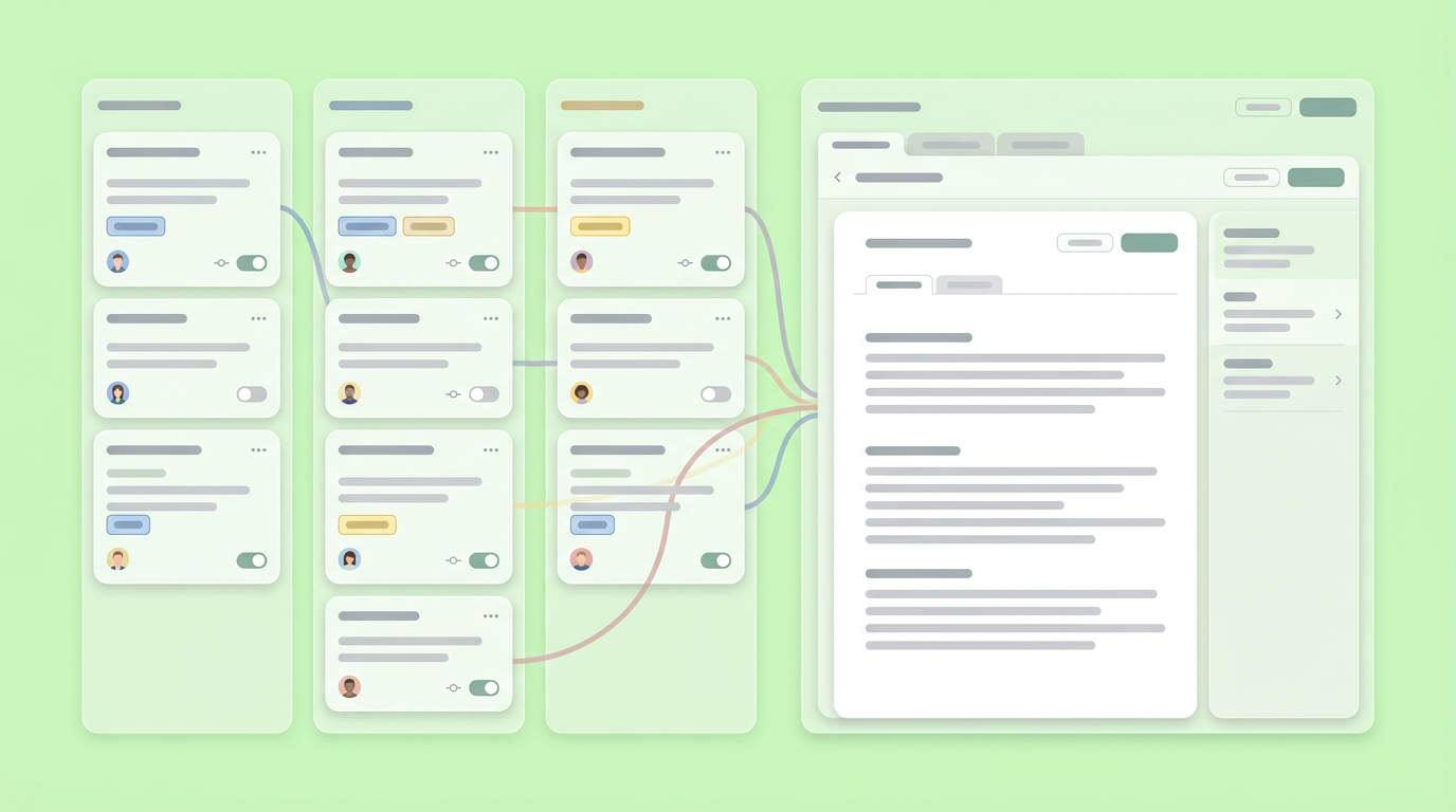 A UI mockup displaying issue tracking cards mapped directly to sections of a document view.