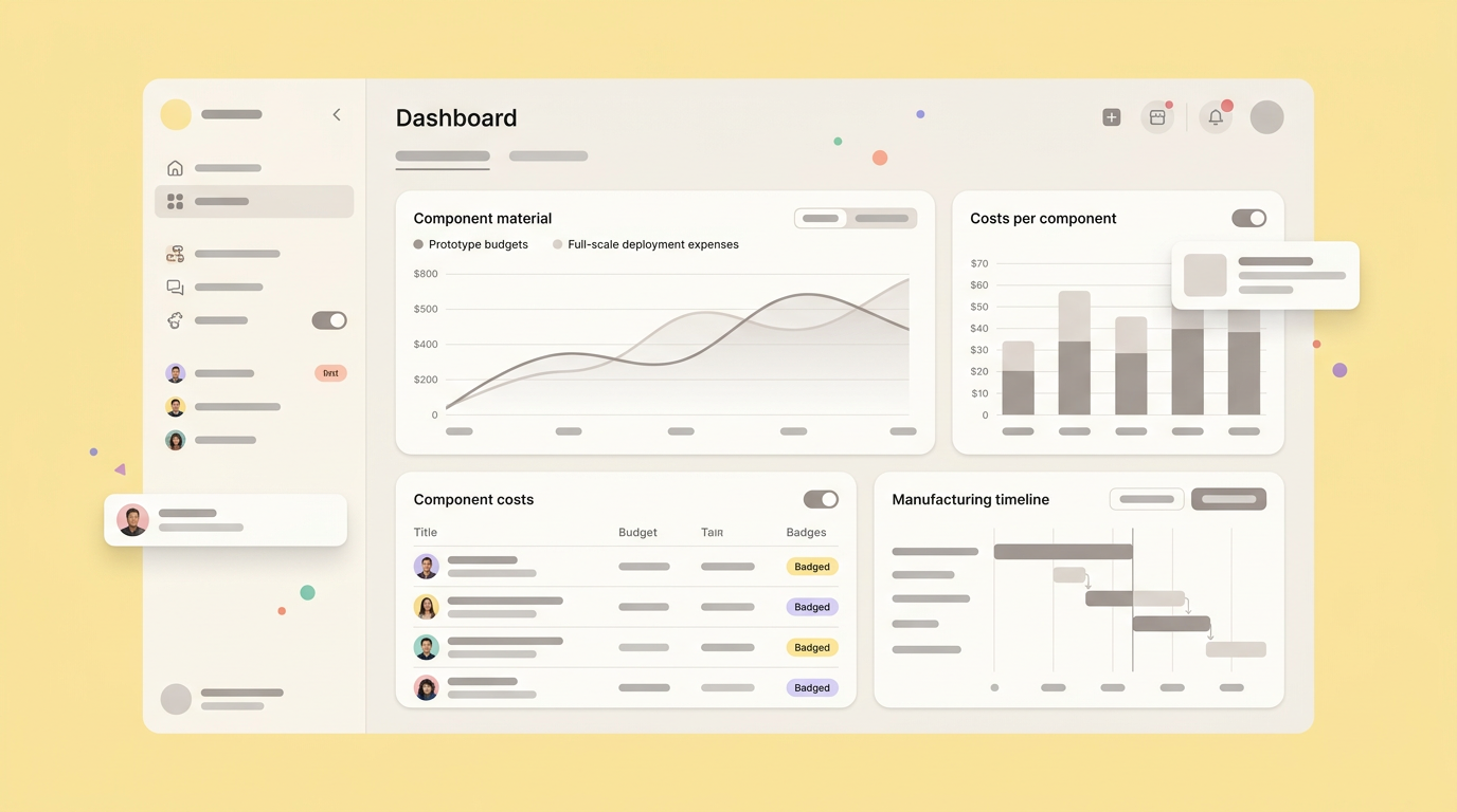 A dashboard analyzing material costs comparing raw modeling expenses against scaled full-production budgets