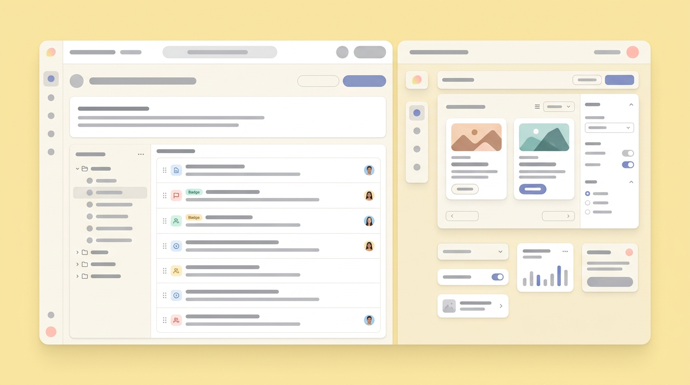 A soft UI mockup showing a split-screen workspace with a product requirements document on one side and a functional component preview on the other.