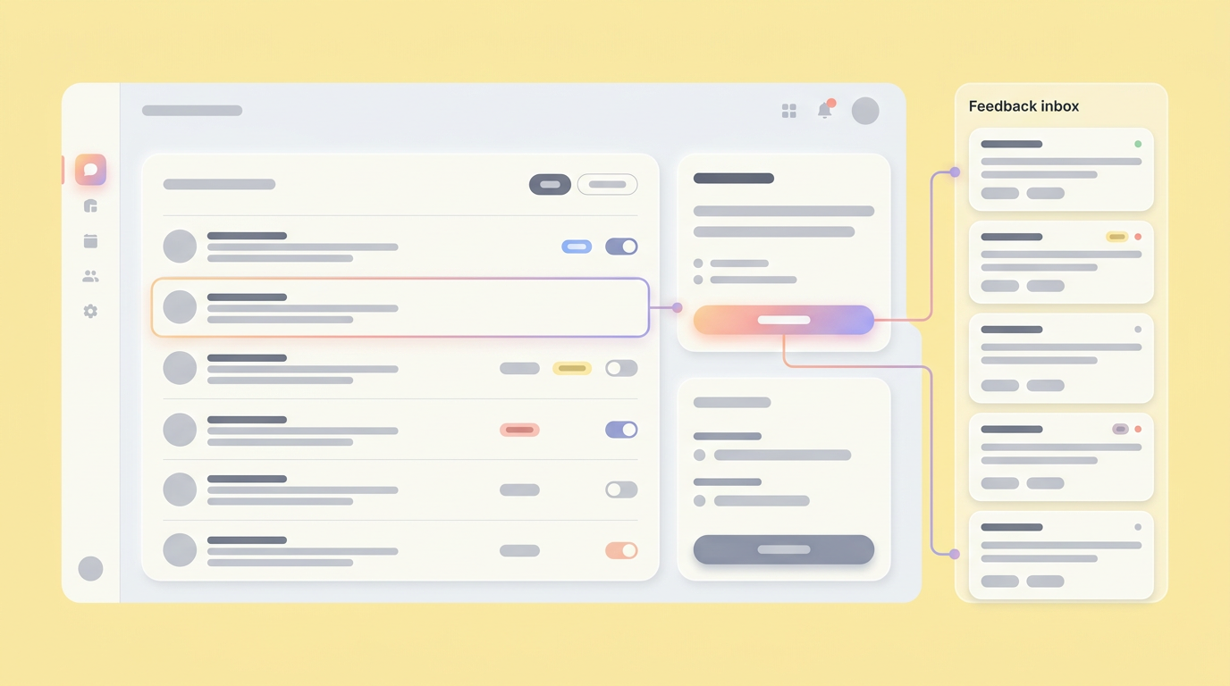 A soft UI mockup displaying a centralized feedback inbox attached directly to specific elements of an interactive prototype.