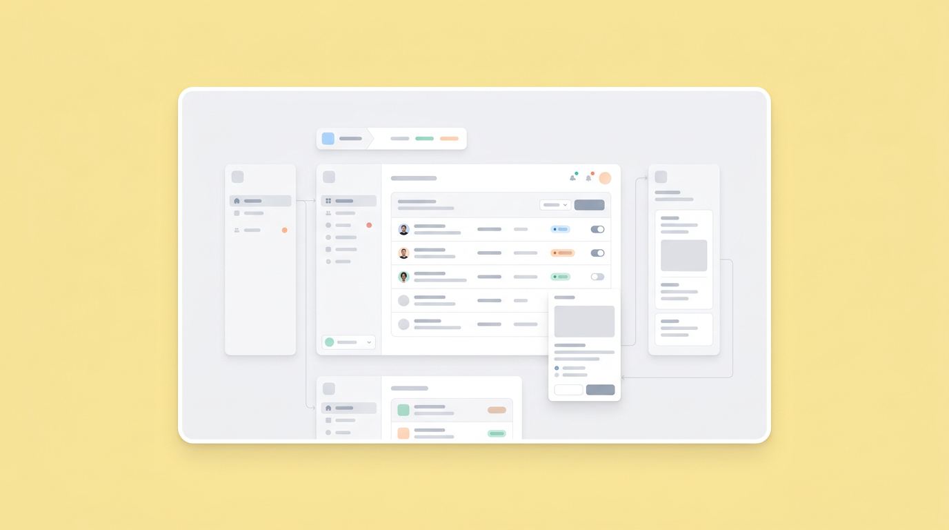 A minimalist composition of three pyramids connected by a continuous ribbon, visualizing the workflow between product, design, and engineering teams.