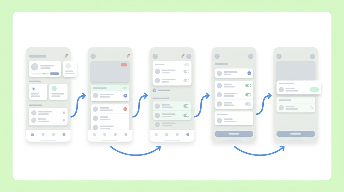 Soft UI mockup of a static mobile app wireframe layout flow
