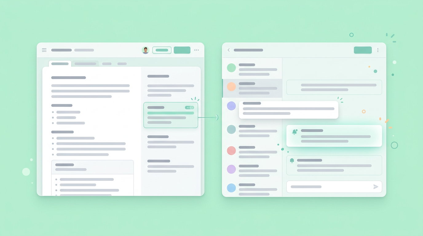Soft UI mockup of an interactive chat interface prototype updating from a specification doc
