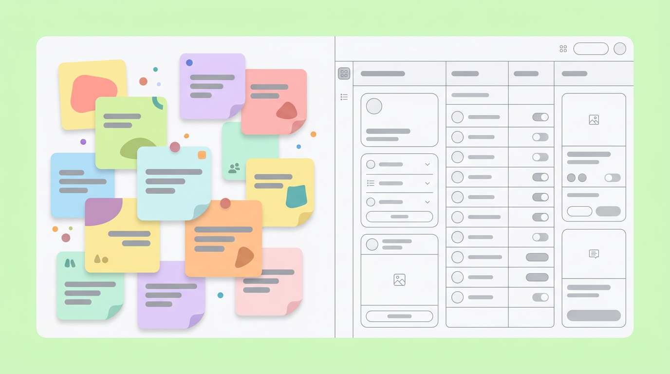 A soft UI mockup showing a fragmented transition between a whiteboard of sticky notes and an empty wireframing canvas.