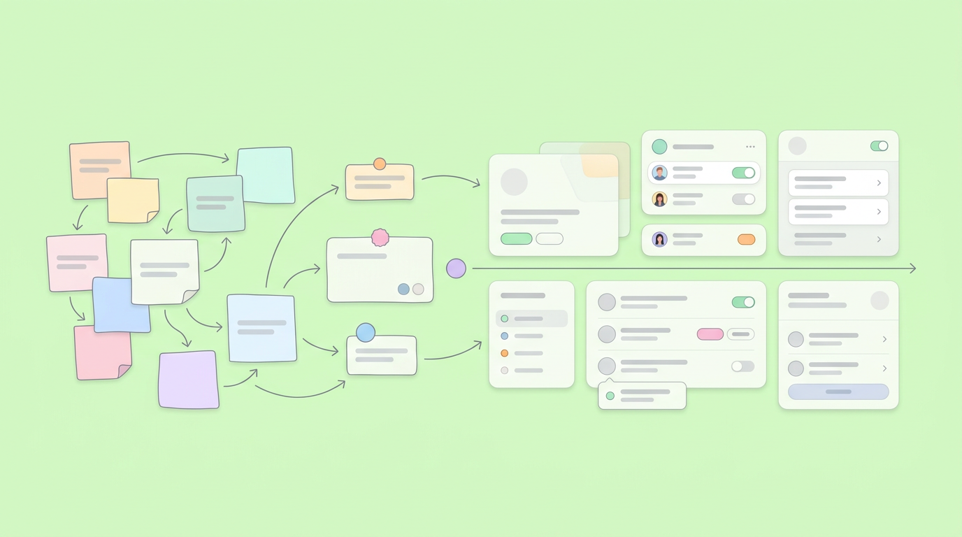 A soft UI mockup showing sticky notes directly converting into structured interface components.
