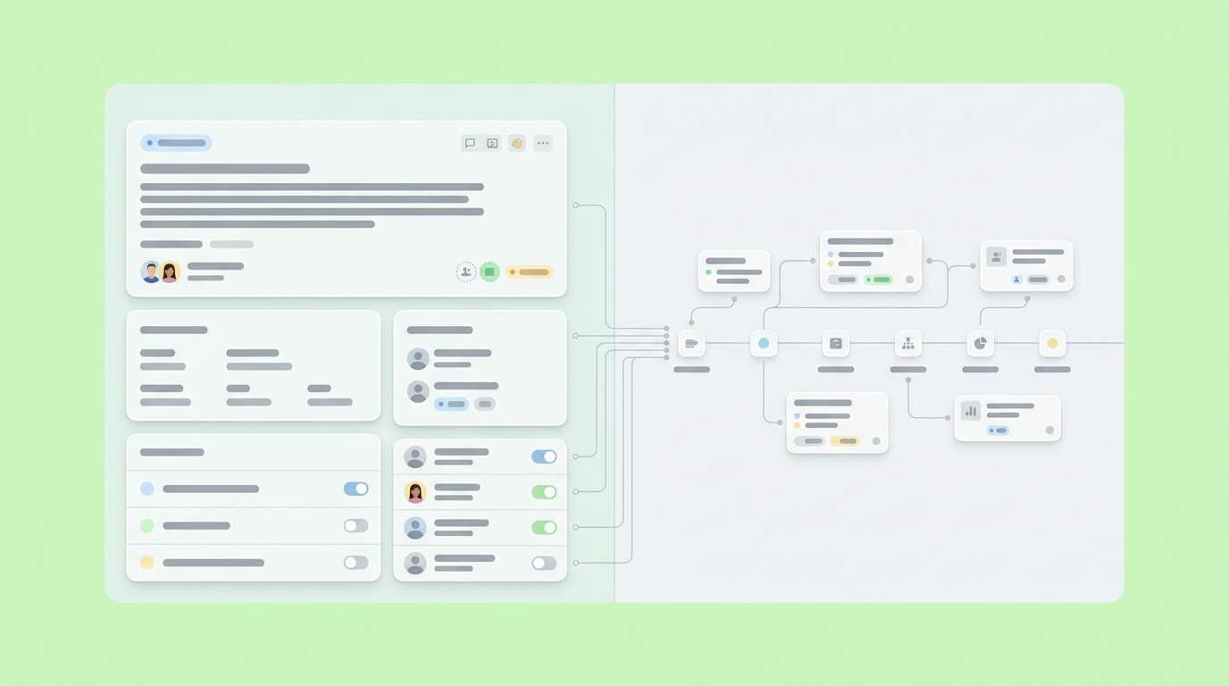 A split-pane UI mockup showing user research notes mapped directly to an auto-generated interface layout.