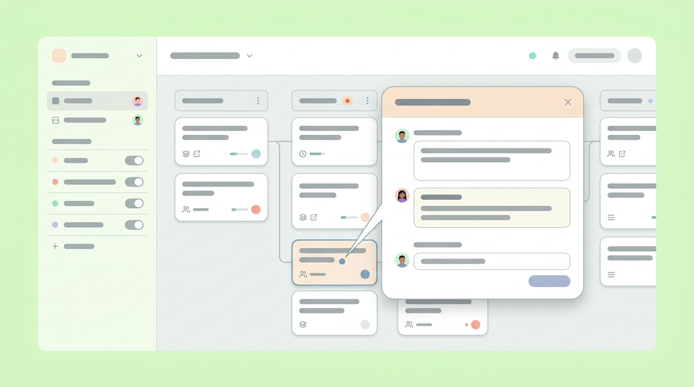A UI mockup showing stakeholder feedback comments anchored directly onto a clickable product flow.