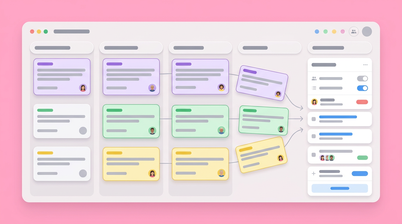 A digital interface showing various product tickets pulling into one central kanban view.
