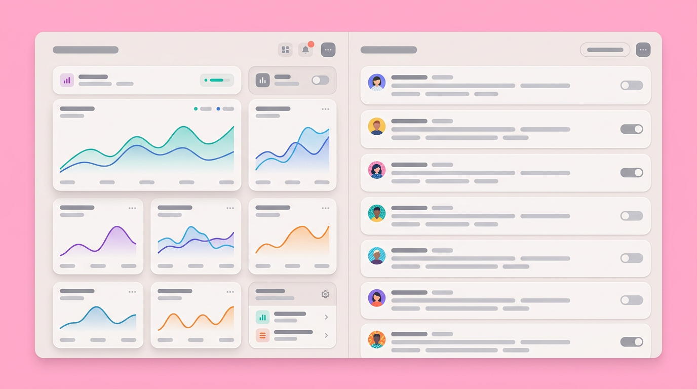A dashboard showing analytics graphs next to a stream of user feedback profiles.