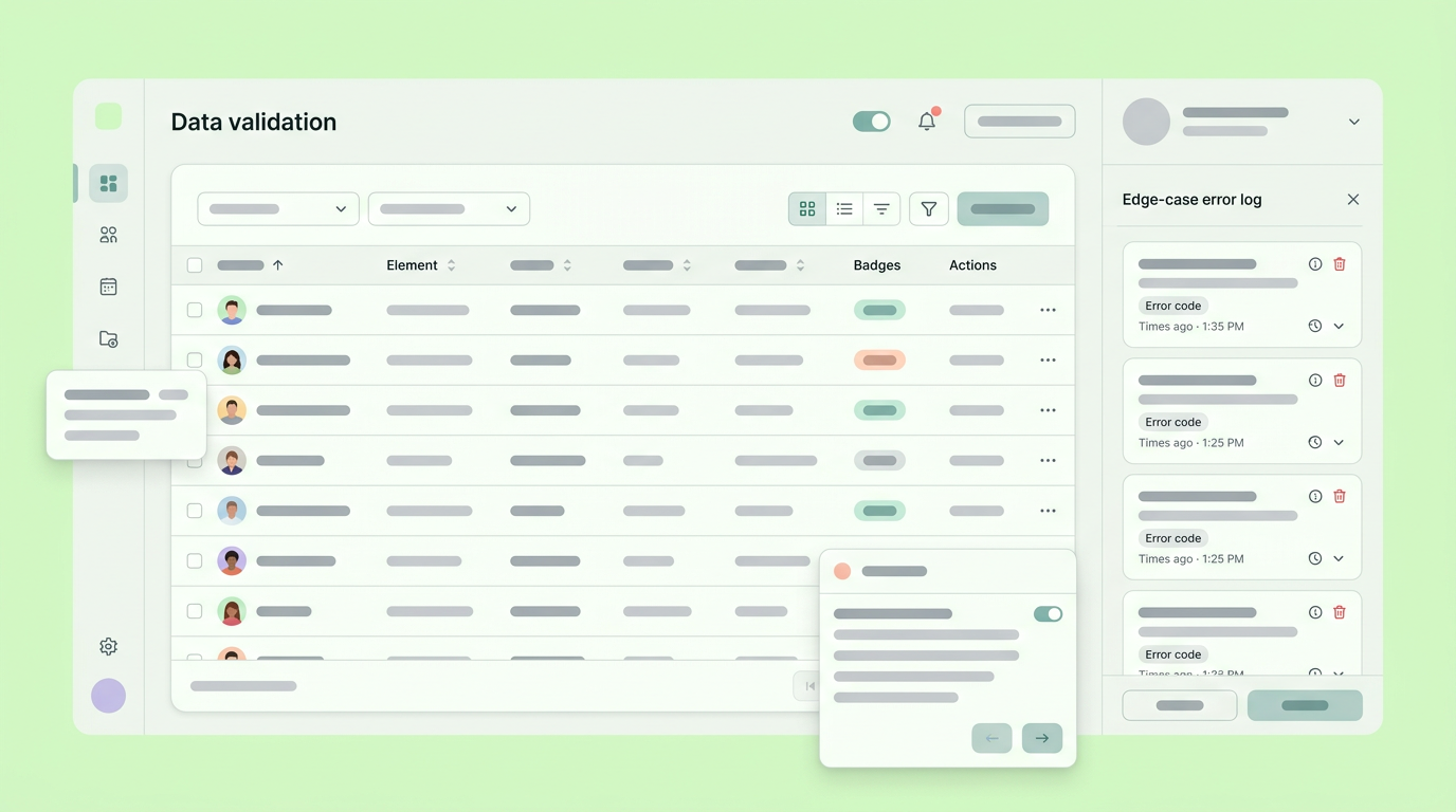 Soft UI mockup showing an interactive data validation dashboard tracking edge-case errors