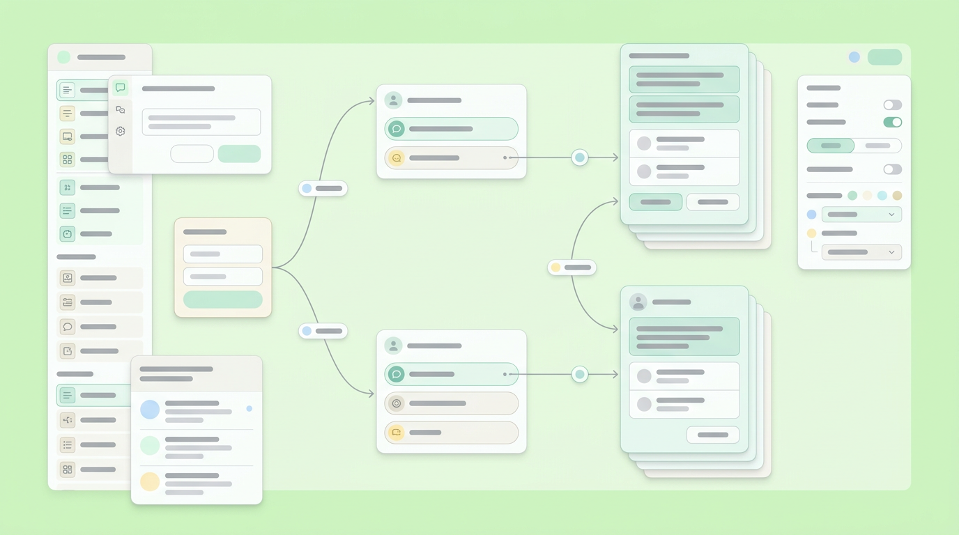A minimalist interface showing a chat workflow builder with mapped nodes for user prompts and variable system responses.
