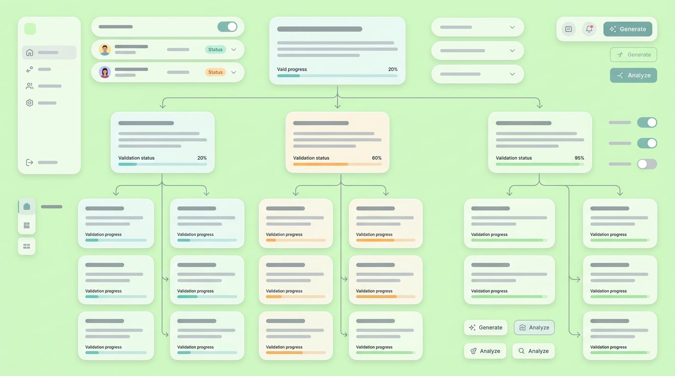 A soft UI mockup of an opportunity solution tree workflow.
