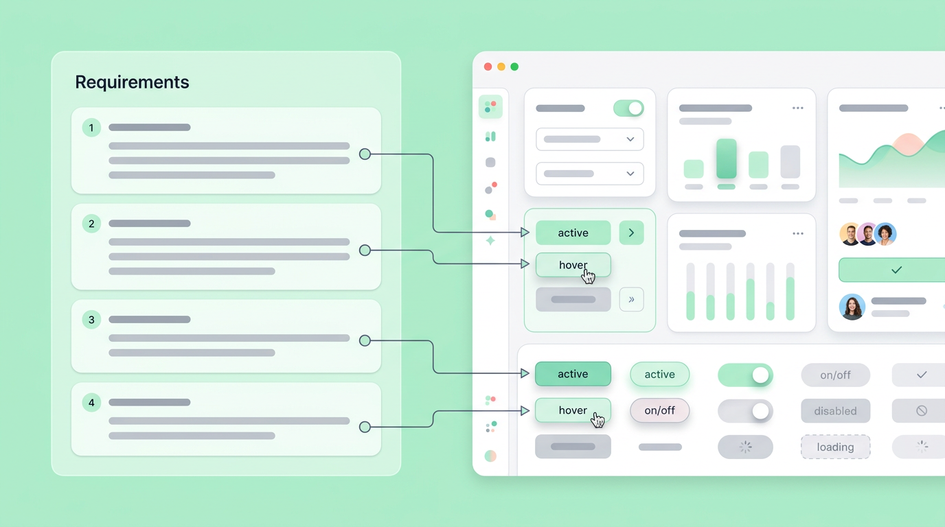 A visual representation of connecting written logic requirements to corresponding digital interface components.