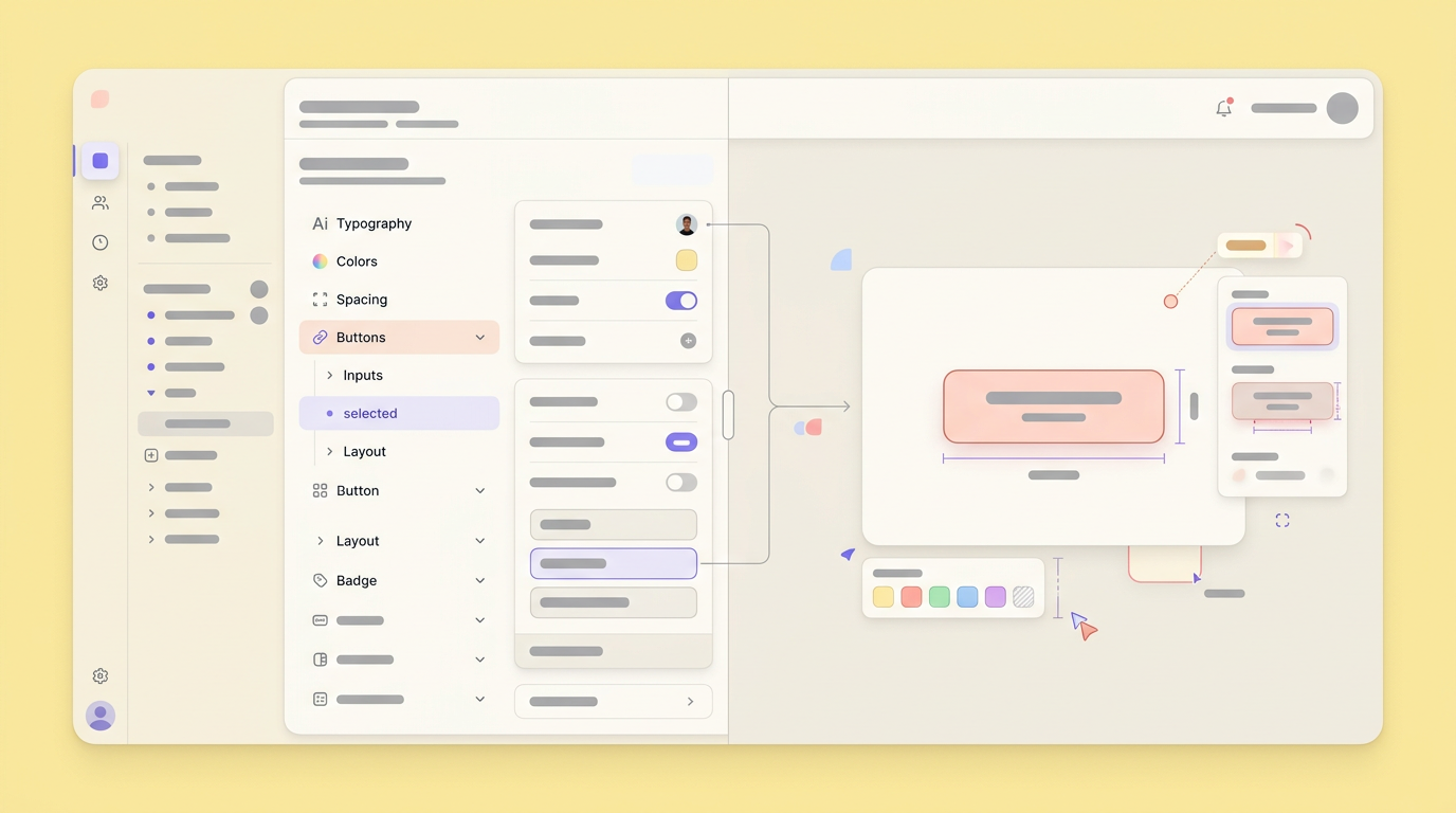 Soft UI mockup showing a split-screen view of a component library