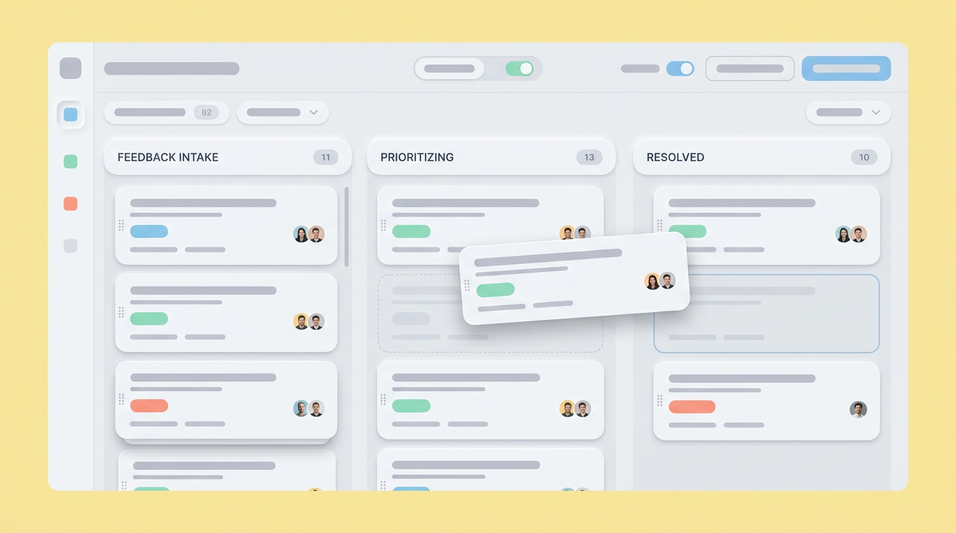 A UI mockup of a kanban board interface for gathering feedback