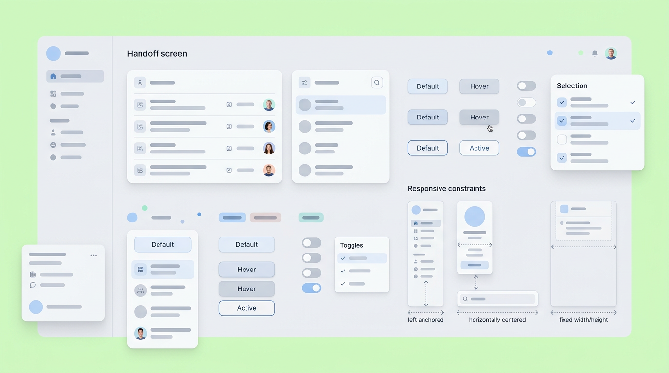 A technical interface screenshot detailing component logic, state variants, and export-ready code panels within a prototyping workspace