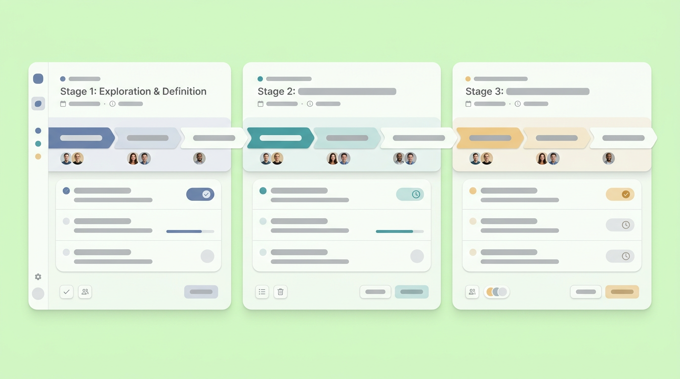 A soft UI mockup displaying prototype development stages